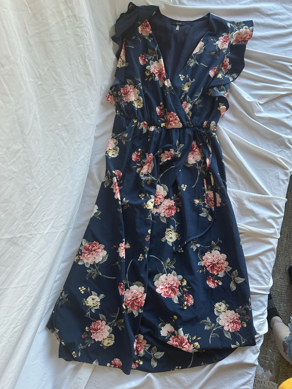 Soprano Navy Floral Wrap Midi Dress with Pink and Cream Roses